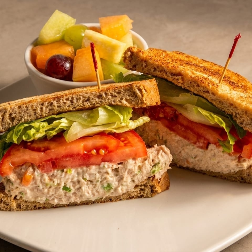 Tuna salad sandwich on toasted bread with lettuce and tomato, served with a side of fruit salad.