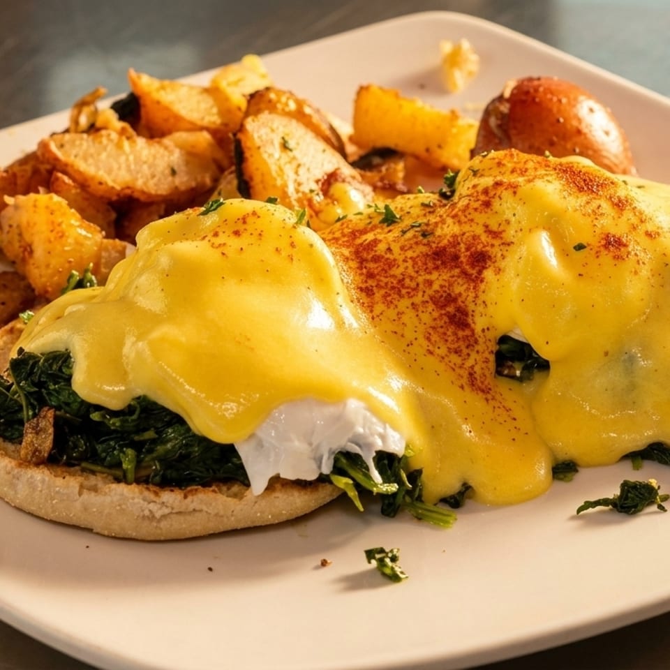 Eggs Benedict with spinach, hollandaise sauce, and a side of roasted potatoes on a white plate.
