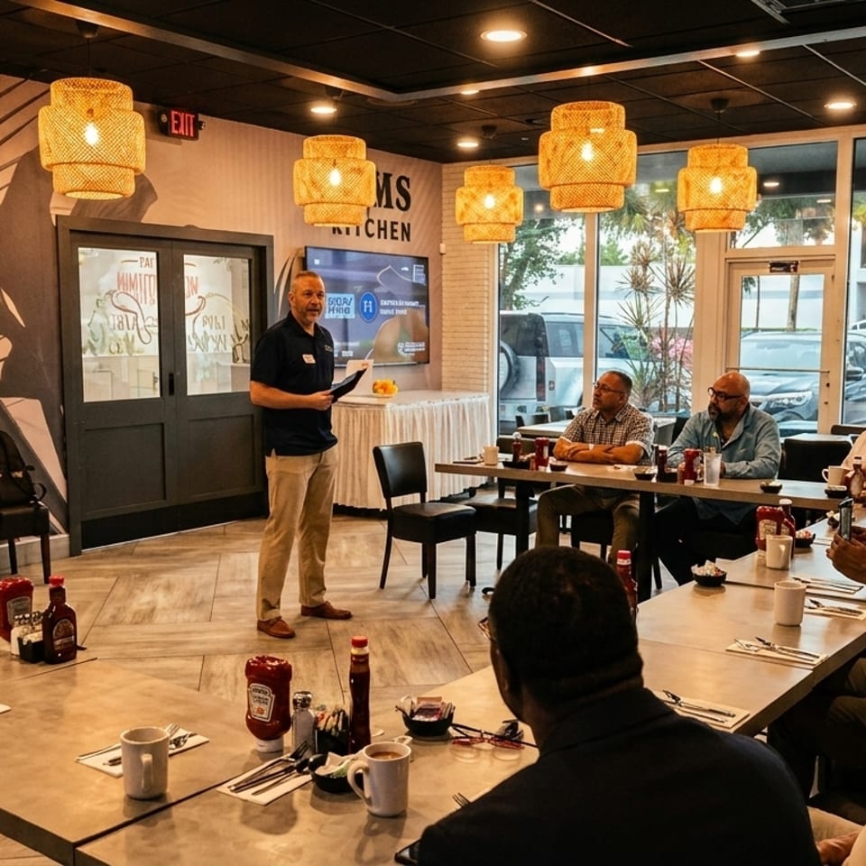 A man presents to a group of diverse men seated at tables in a restaurant dining room.