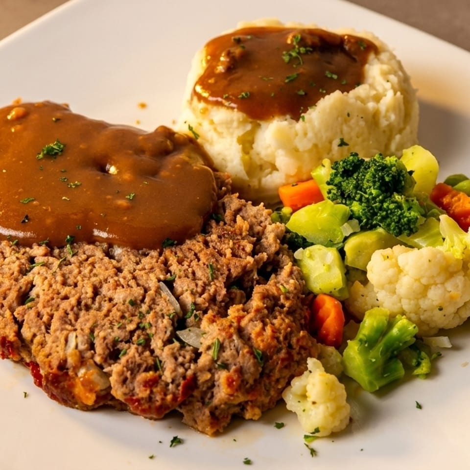 Meatloaf with gravy, mashed potatoes, and mixed vegetables on a white plate.
