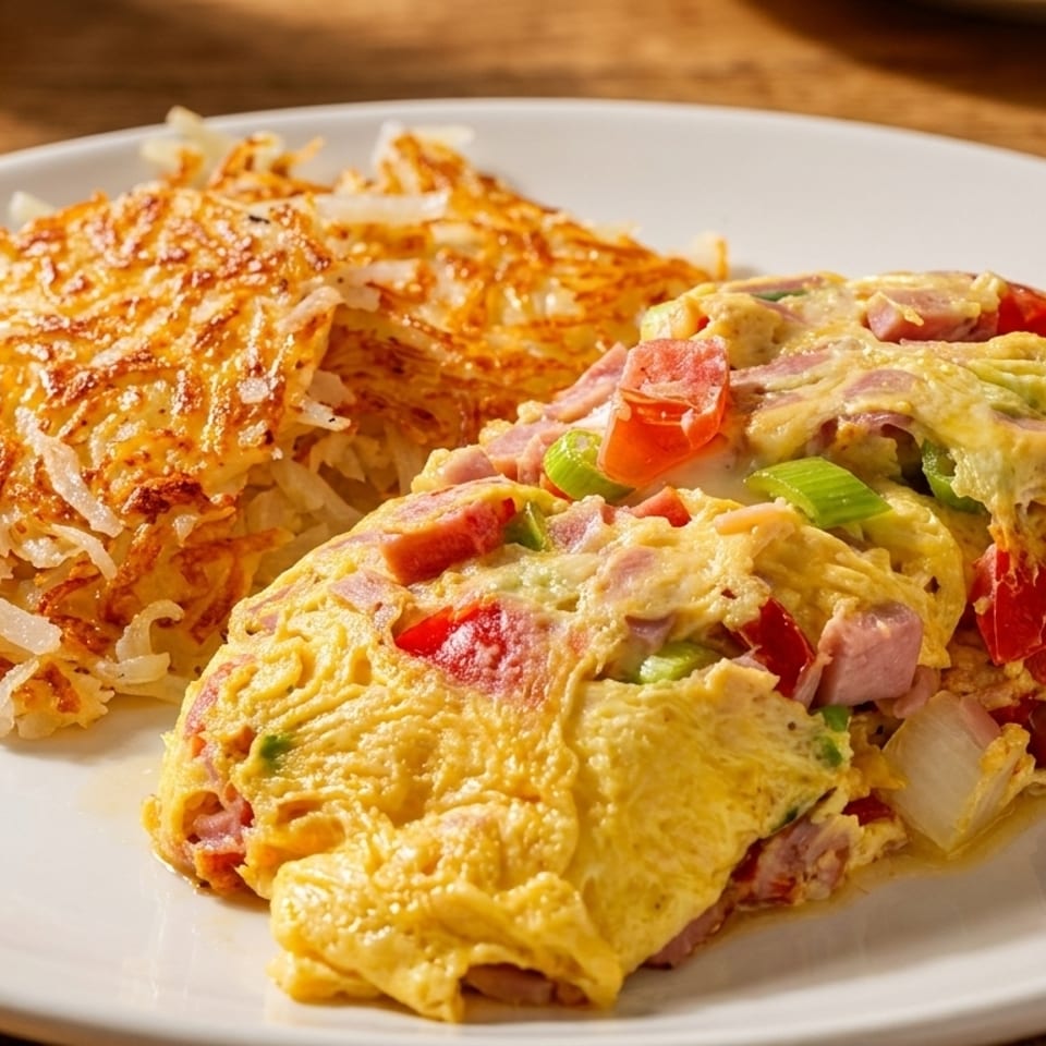 A fluffy omelet filled with ham, red peppers, and green onions, served with crispy hash browns.