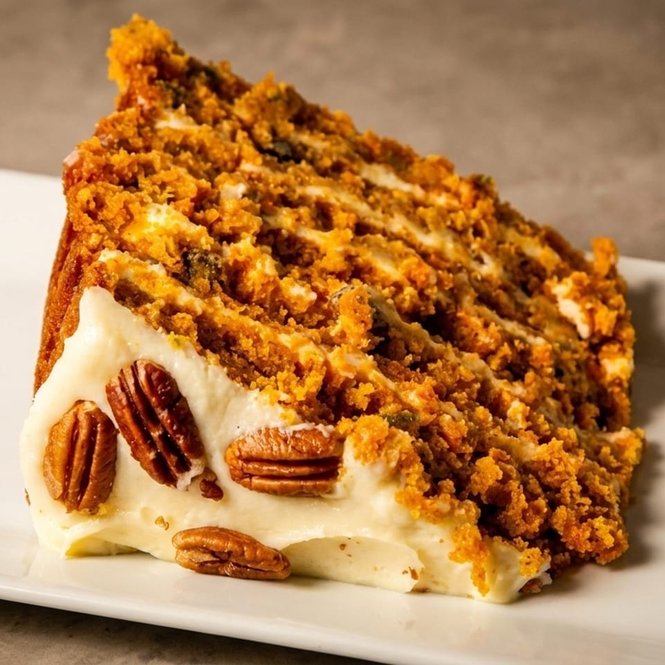 A slice of carrot cake with cream cheese frosting and pecans on a white rectangular plate.