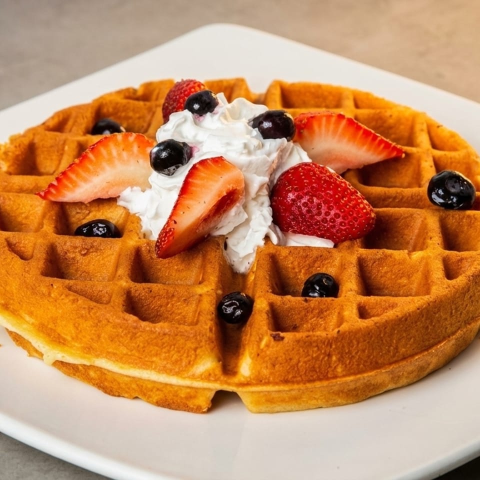 Golden waffle topped with whipped cream, fresh strawberries, and blueberries on a white plate.